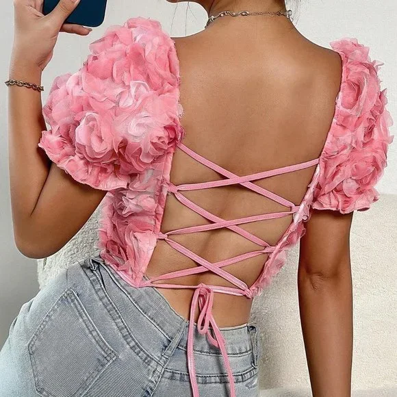 Pink Boho Womens Floral Appliques Sweetheart Neck Puff Sleeve Crop Top - Picture 2 of 5